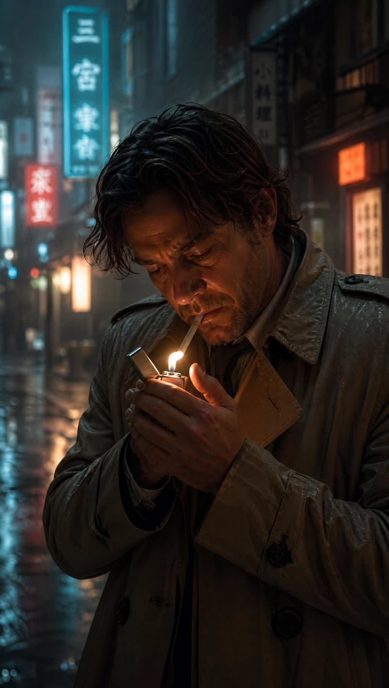 Cinematic narrative film prompt example for AI video generation featuring a detective lighting a cigarette