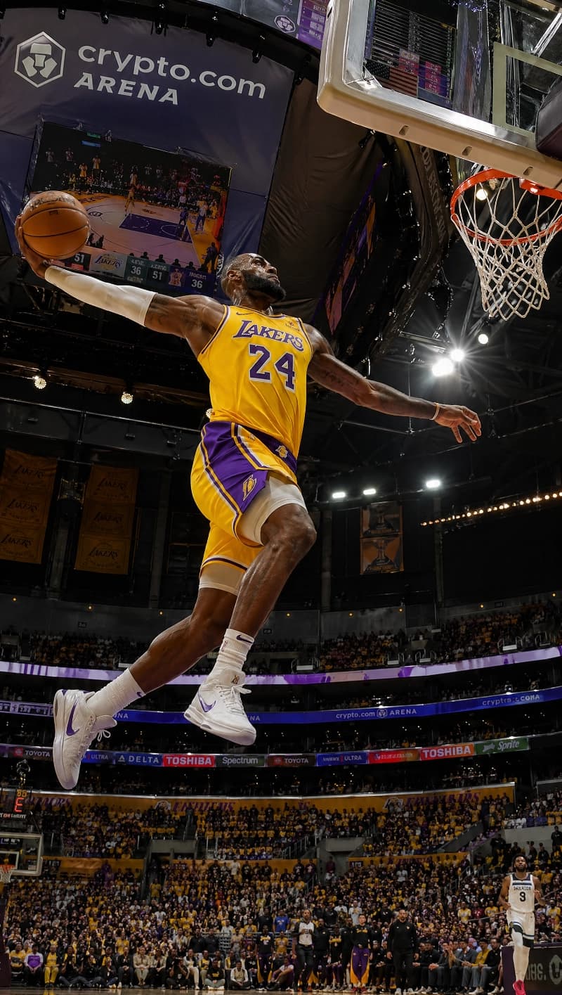High action sports photography prompt example for AI video generation featuring a basketball dunk